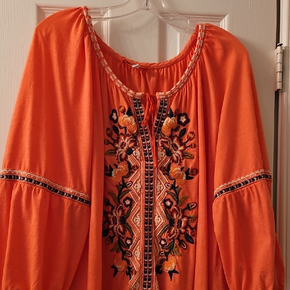 Johnny Was Orange Embellished 3/4 Sleeve Blouse